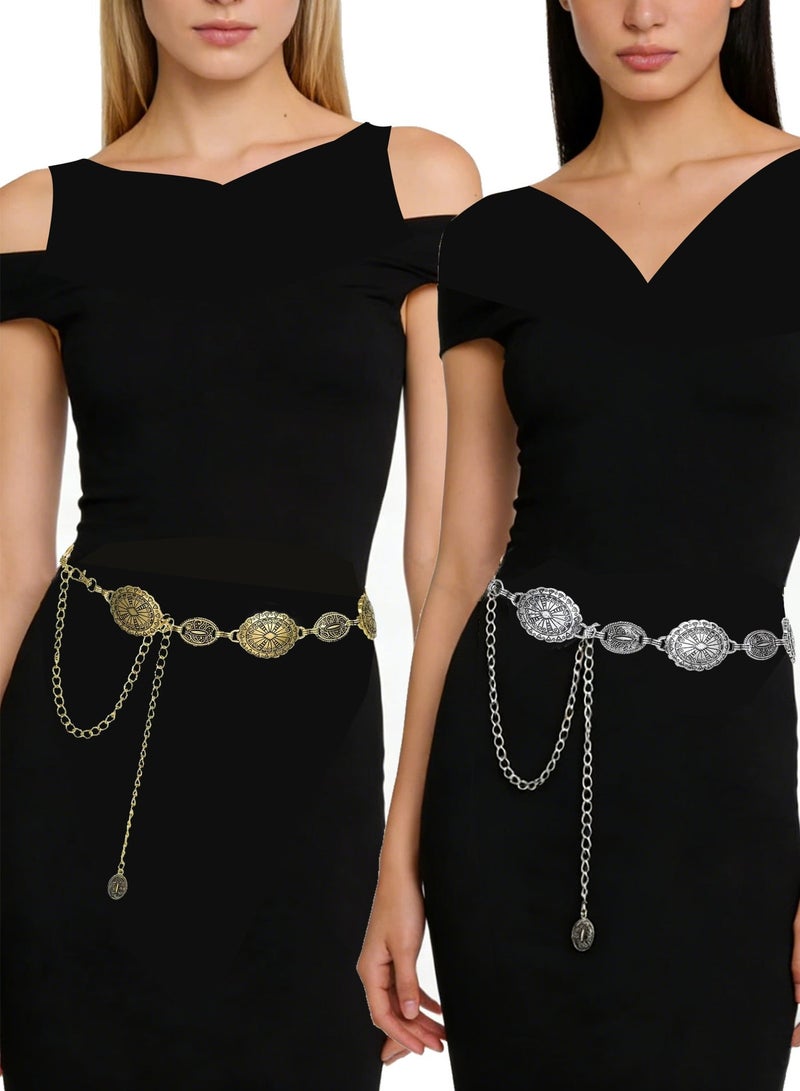 أوليس فيرس  طقم سلسلتين قابل للتعديل للخصر للنساء - حزام جسم من السبائك الفضة والذهب | تصميم عملة عتيقة، مثالي للفساتين، التنانير والجينز - Image 1